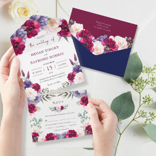 Burgundy Navy Blush Rustic Chic Floral RSVP All In One Invitation
