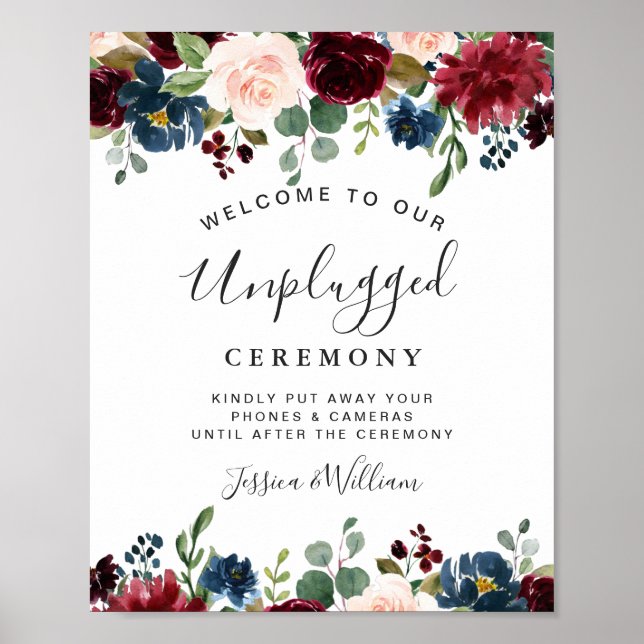 Burgundy Navy Blush Unplugged Wedding Ceremony Poster (Front)