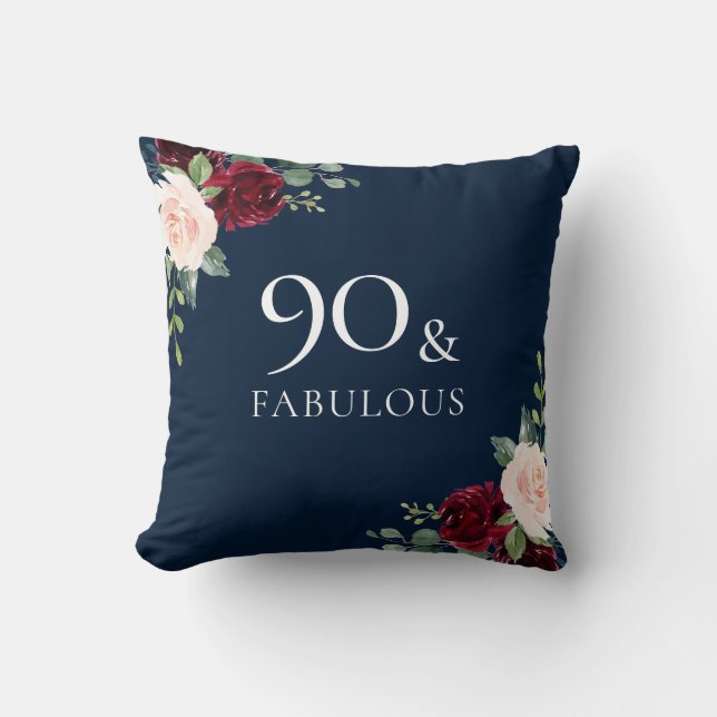 Burgundy & Navy, Blush Watercolor 90th Birthday Cushion (Front)