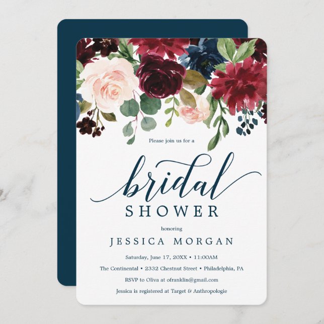 Burgundy Navy Bridal Shower Invitation Card (Front/Back)