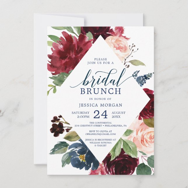 Burgundy Navy Bridal Shower Invitations (Front)