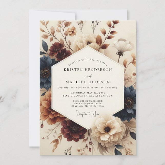 Burgundy Navy Chiaroscuro Wedding Invitation (Front)