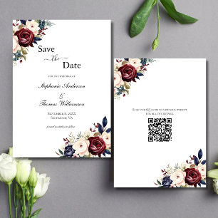 Burgundy Navy Cream Floral Elegant Modern QR code Save The Date
