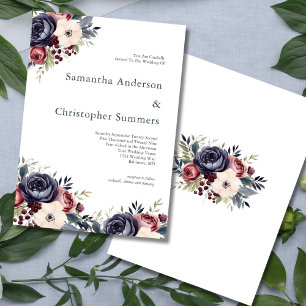 Burgundy Navy Cream Floral Watercolor Wedding Invitation