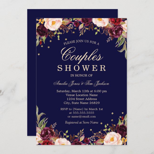 Burgundy Navy Elegant Floral Couples Shower Invitation (Front/Back)