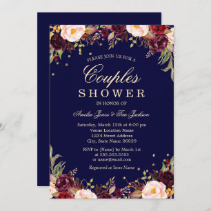Burgundy Navy Elegant Floral Couples Shower Invitation
