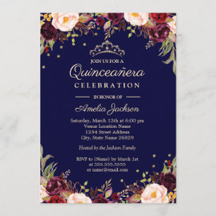 Burgundy Navy Elegant Floral Quinceanera Invitation