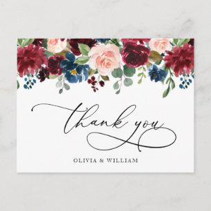 Burgundy Navy Eucalyptus Rose Floral Thank You Postcard