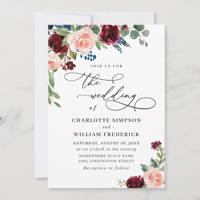 Burgundy Navy Eucalyptus Rose Greenery Wedding Invitation (Front)