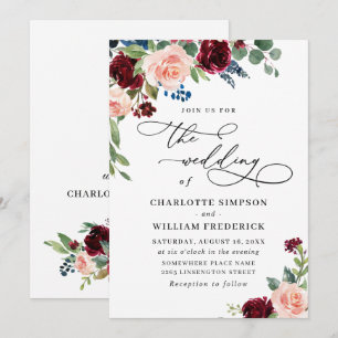 Burgundy Navy Eucalyptus Rose Greenery Wedding Invitation