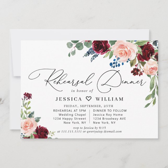Burgundy Navy Eucalyptus Rose REHEARSAL DINNER Invitation (Front)