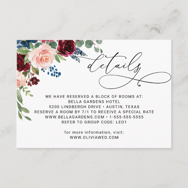 Burgundy Navy Eucalyptus Rose Wedding Details Enclosure Card (Front)