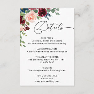 Burgundy Navy Eucalyptus Rose Wedding Details Enclosure Card
