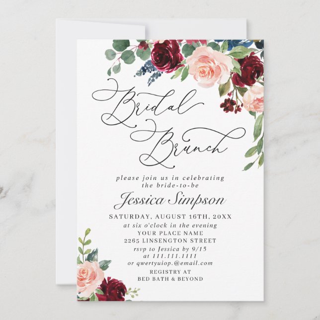 Burgundy Navy Eucalyptus Roses Bridal Brunch Invitation (Front)