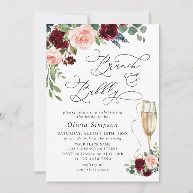 Burgundy Navy Eucalyptus Roses Brunch & Bubbly Invitation (Front)