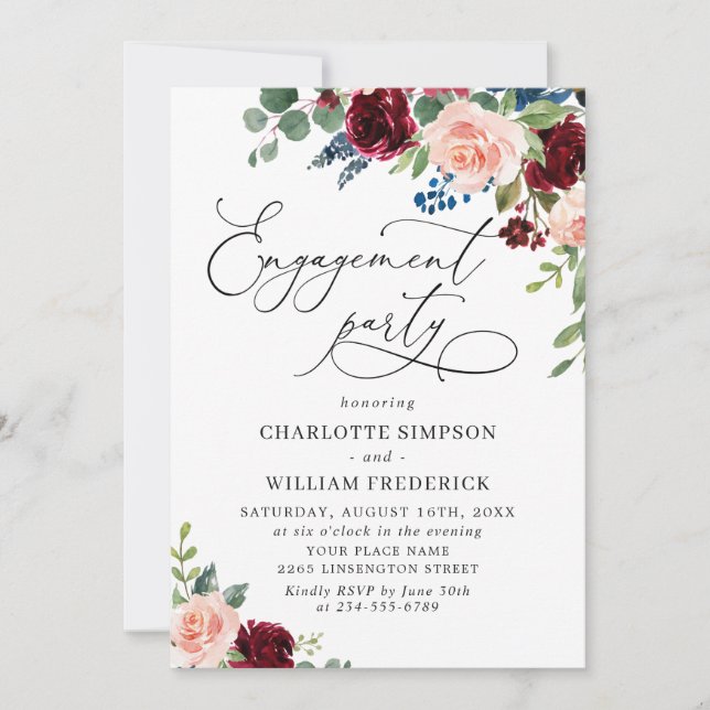 Burgundy Navy Eucalyptus Roses ENGAGEMENT PARTY Invitation (Front)