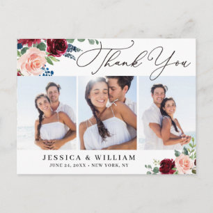 Burgundy Navy Eucalyptus Wedding 3 Photo Thank You Postcard