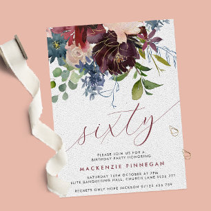 Burgundy & Navy Floral 60th Script Birthday Party Invitation