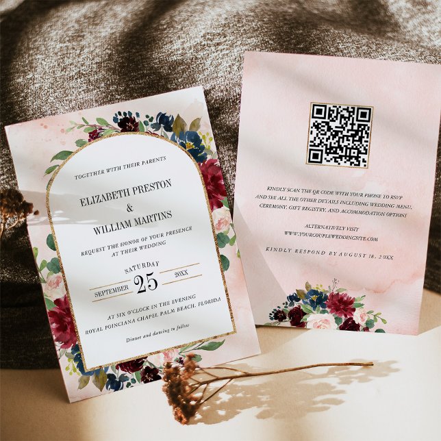 Burgundy Navy Floral Arch Frame QR Code Wedding Invitation (Creator Uploaded)