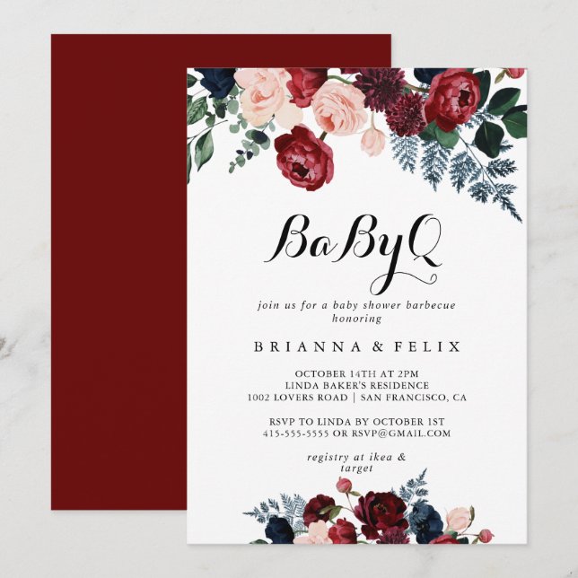 Burgundy Navy Floral BabyQ Baby Shower Barbecue  Invitation (Front/Back)