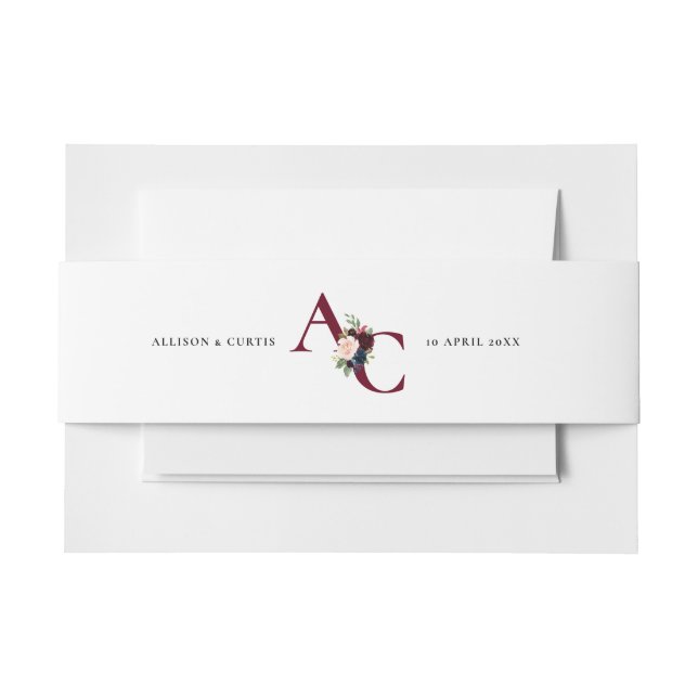 burgundy navy floral belly band invitation belly band (Front Example)