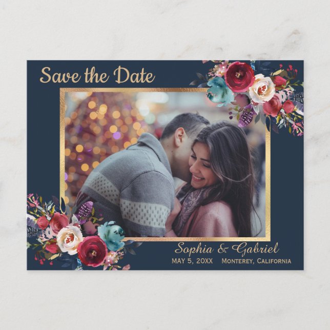 Burgundy Navy Floral Blue Photo Save the Date Announcement Postcard (Front)
