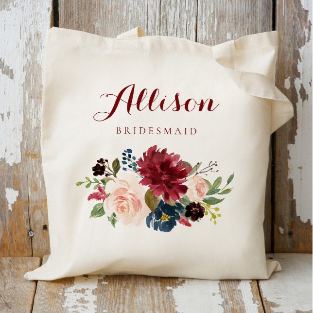 Burgundy Navy Floral bouquet bridesmaid Tote Bag (Creator Uploaded)