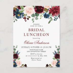 Burgundy Navy Floral BRIDAL  LUNCHEON Invitations