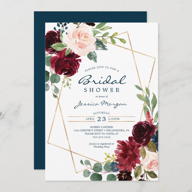 Burgundy Navy Floral Bridal Shower Invitation (Front/Back)