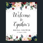burgundy & navy floral bridal shower welcome sign<br><div class="desc">beautiful burgundy and navy blue watercolor flowers. The text and colours on this sign poster can be edited.</div>