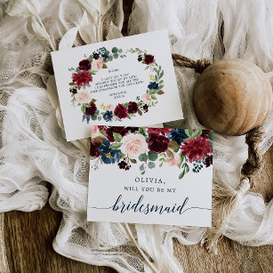 Burgundy Navy Floral Bridesmaid Proposal Card