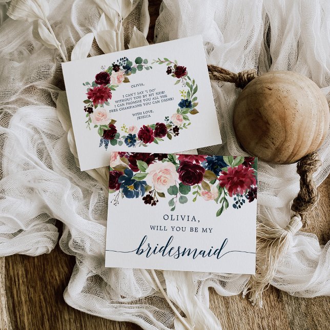 Burgundy Navy Floral Bridesmaid Proposal Card (Creator Uploaded)