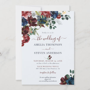 Burgundy & Navy Floral Classic Wedding Invitation