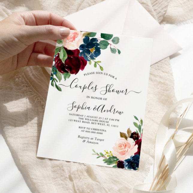 Burgundy & Navy Floral Couples Shower Invitation (Creator Uploaded)