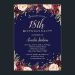 Burgundy Navy Floral Elegant 18th Birthday Party Invitation<br><div class="desc">More pretty floral Birthday Invitations in the Little Bayleigh Store!</div>
