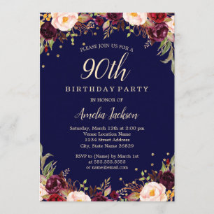 Burgundy Navy Floral Elegant 90th Birthday Party Invitation
