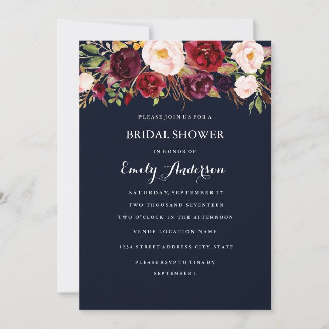 Burgundy Navy Floral Fall Bridal Shower Card (Front)