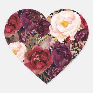 Burgundy Navy Floral Fall Wedding Heart Seal