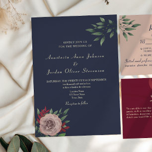 Burgundy Navy Floral Fall Wedding Invitation
