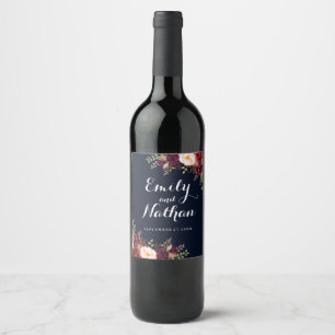 Burgundy Navy Floral Fall Wedding Wine Label