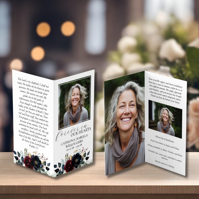 Burgundy Navy Floral Folding Memorial Prayer Card (Creator Uploaded)