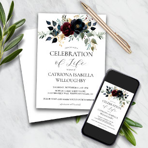 Burgundy Navy Floral Funeral Memorial Invitation