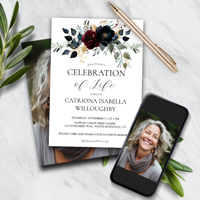 Burgundy Navy Floral Funeral Memorial Invitation (Creator Uploaded)