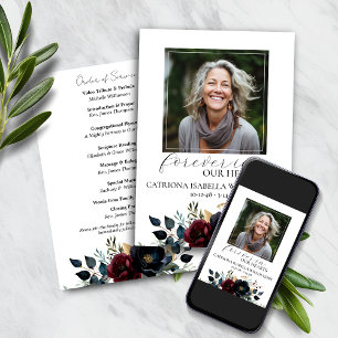 Burgundy Navy Floral Funeral Memorial Program Invitation