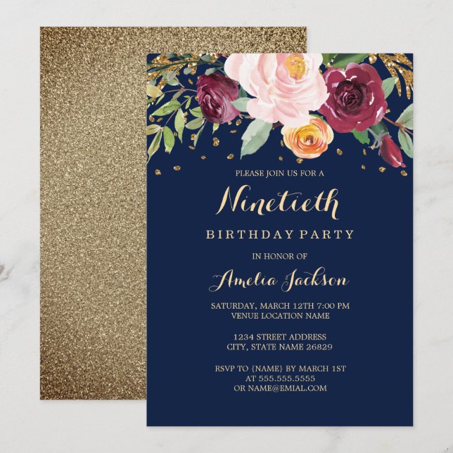 Burgundy Navy Floral Glitter 90th Birthday Party Invitation (Front/Back)