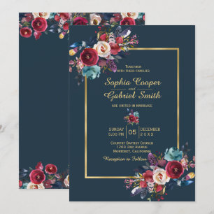 Burgundy Navy Floral Gold Frame on navy Wedding Invitation
