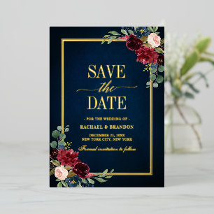 Burgundy Navy Floral Gold Frame Save the Date