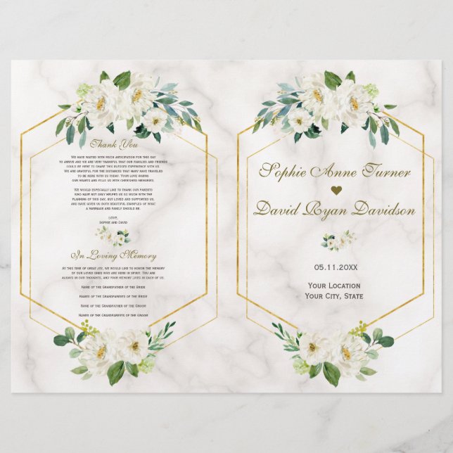 Burgundy Navy Floral Gold Frame Wedding Program Flyer (Front)