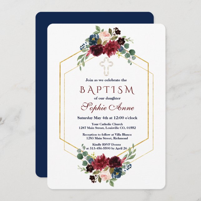 Burgundy Navy Floral Gold Hexagon Frame Baptism Invitation (Front/Back)