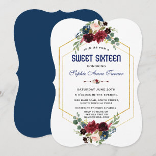 Burgundy Navy Floral Gold Hexagon Frame Sweet 16 Invitation